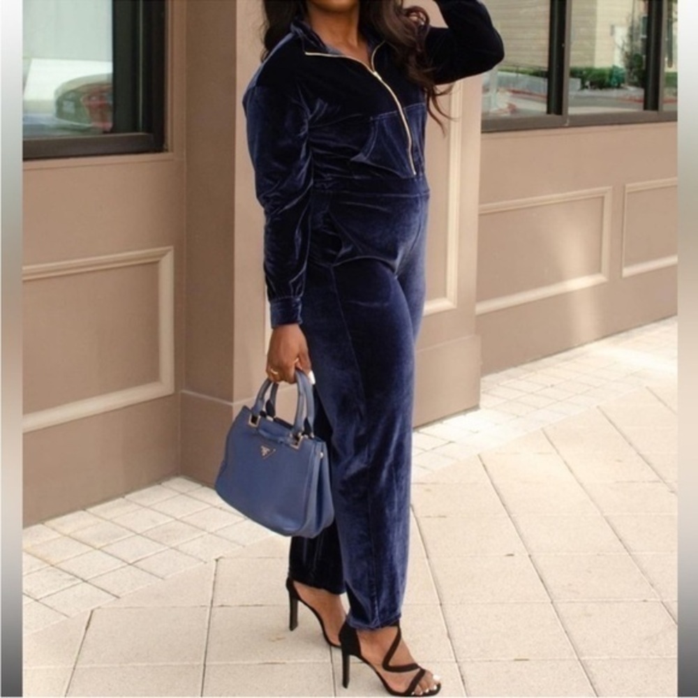 Fabletics Velour Wide Leg Zip Up Onesie Jumpsuit in Deep Navy New With Tags XXL